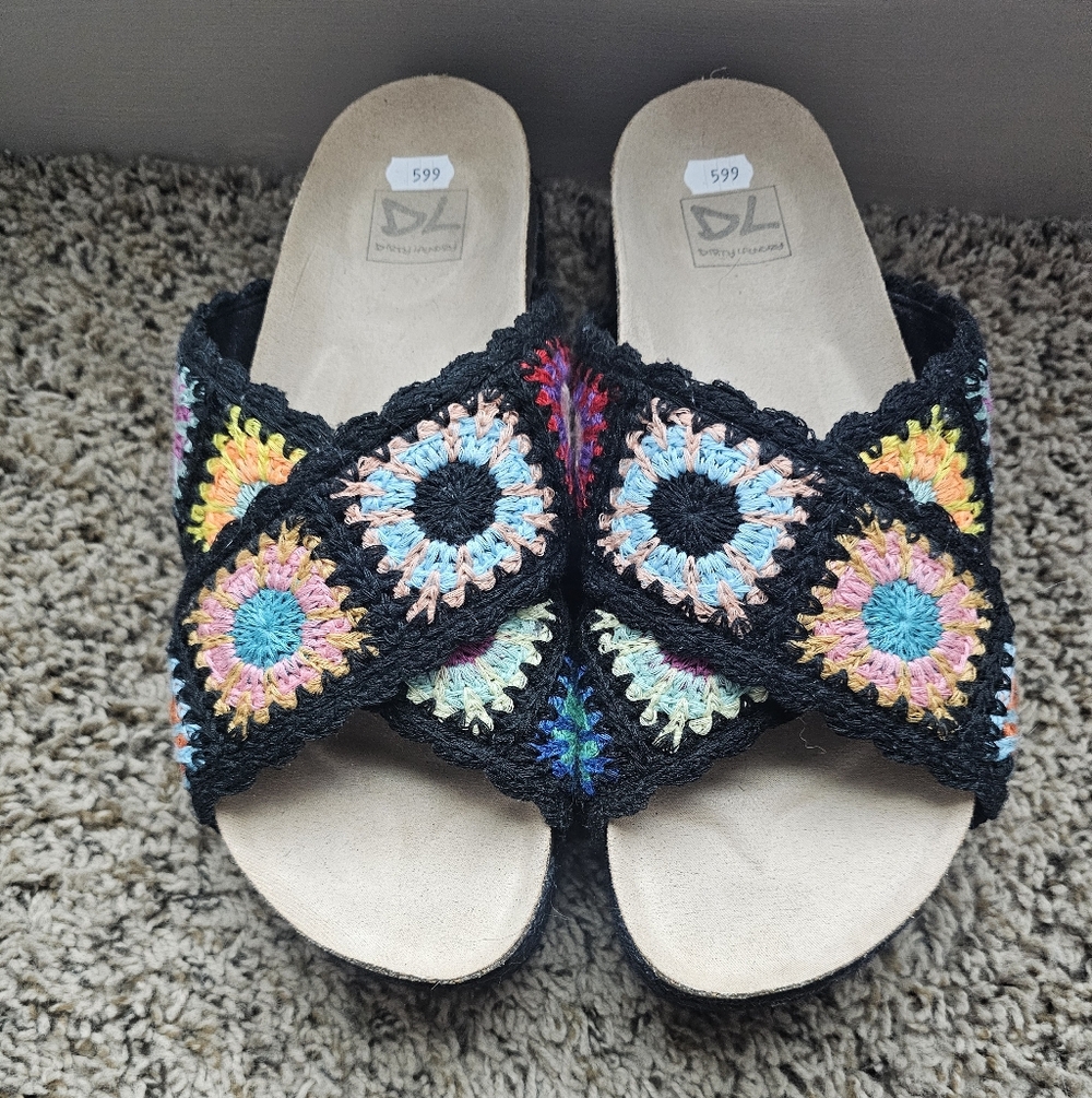 Dirty Laundry Black Crochet Crossband Sandals with Multicolor Crochet Squares